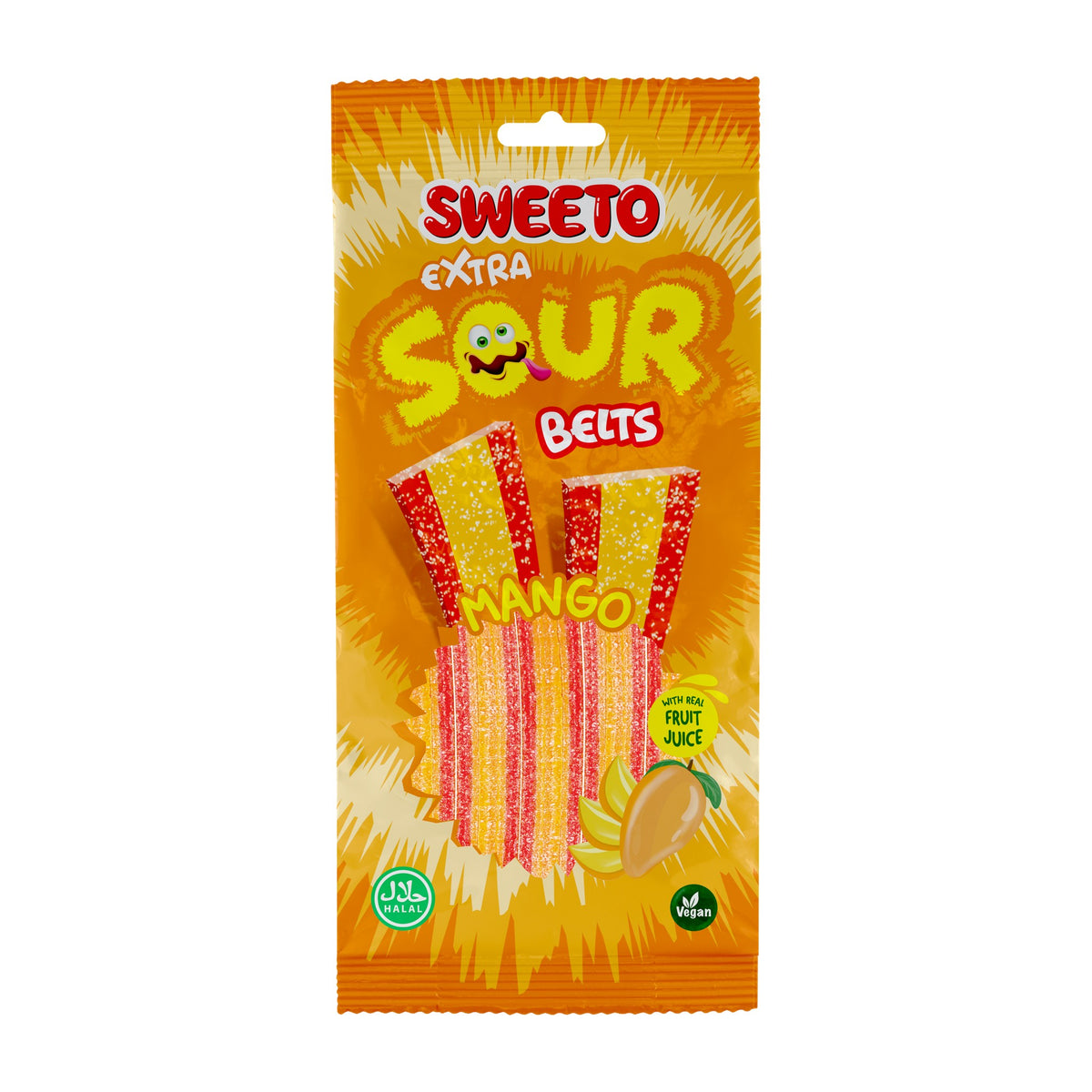 Sweeto Extra Sour Belts Mango, vegan sour liquorice belts