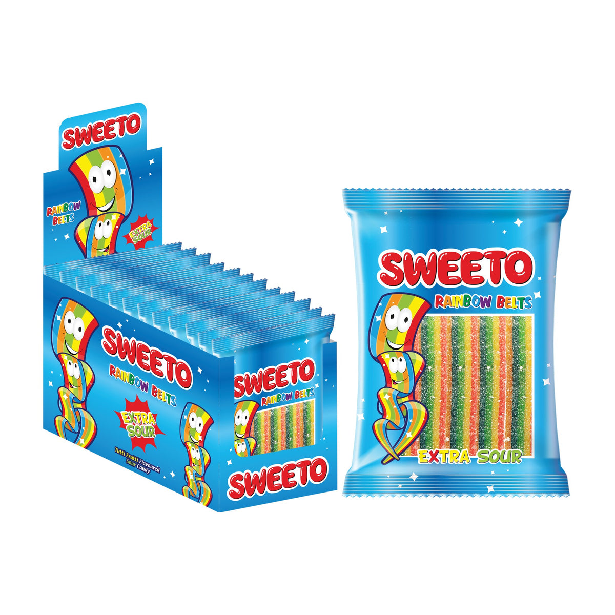 Sweeto Extra Sour Rainbow Belts, tutti frutti sour liquorice belts