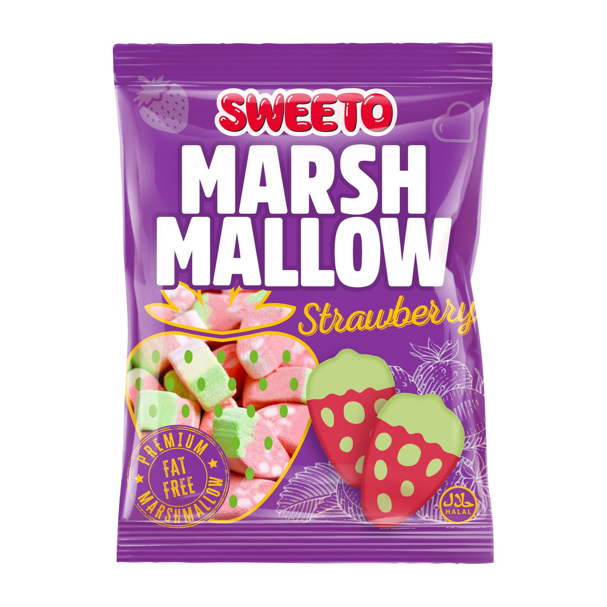 Sweeto Strawberry Marshmallows 140g bag, fat-free Halal marshmallows