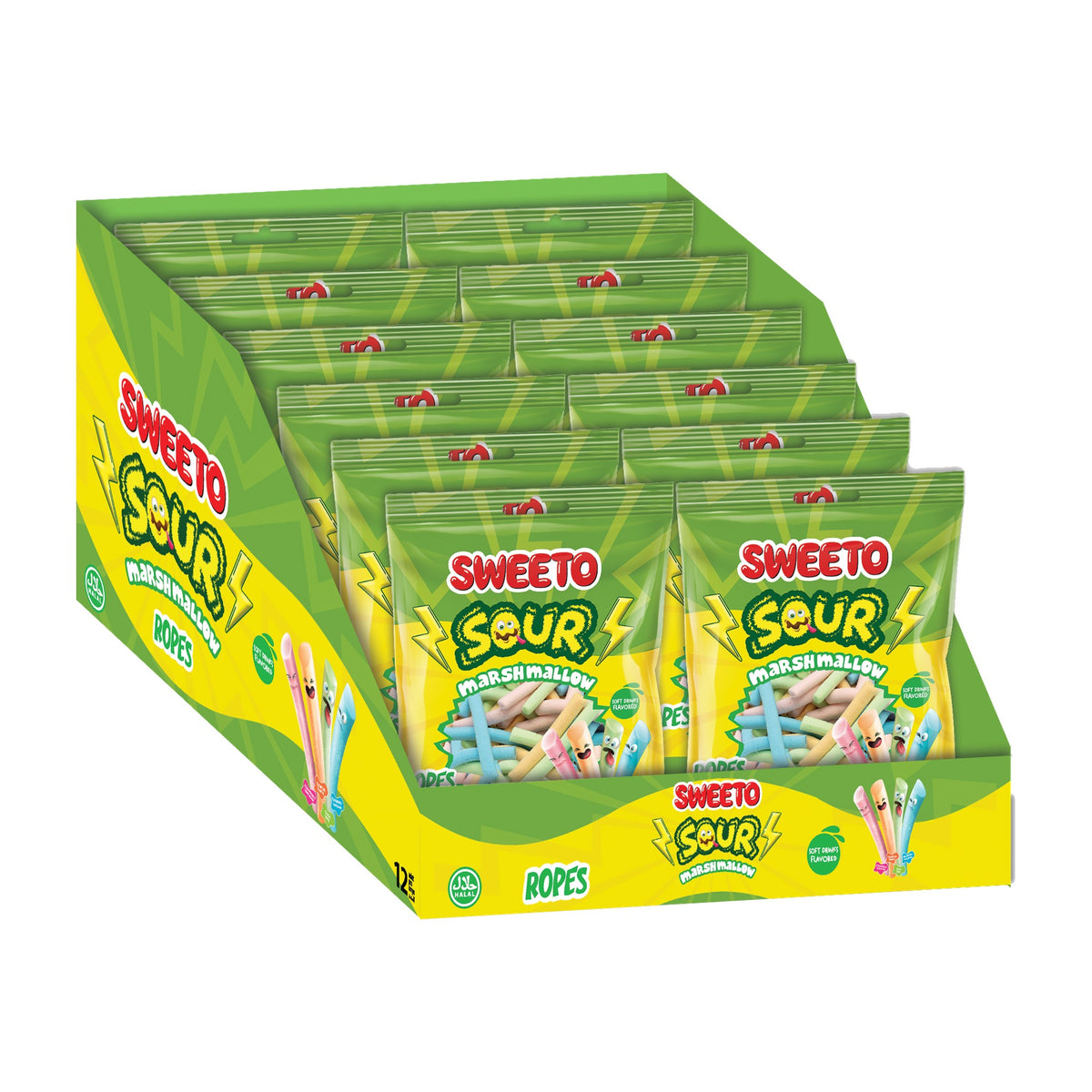 Sweeto Sour Ropes Marshmallows 100g, soft drink flavoured sour marshmallow ropes