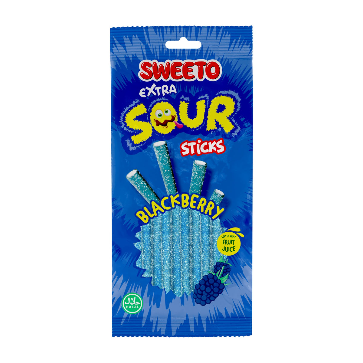 Sweeto Extra Sour Sticks Blackberry, sour liquorice sticks made with fruit juice