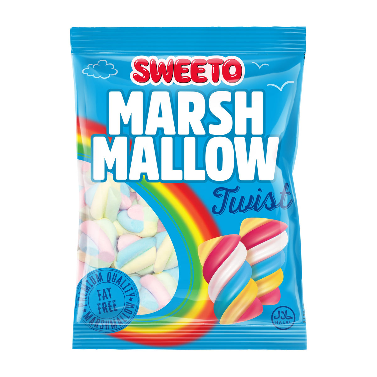 Sweeto Marshmallow Twist 140g bag, colourful fat-free Halal marshmallows