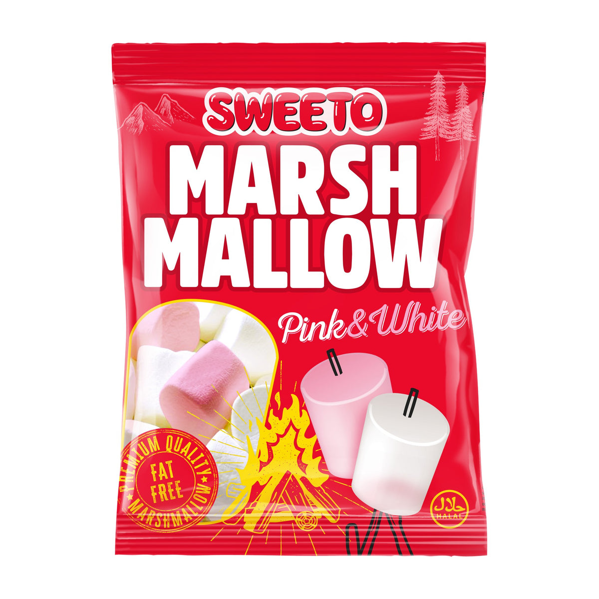 Sweeto Pink and White Marshmallows 140g bag, fat-free Halal marshmallows