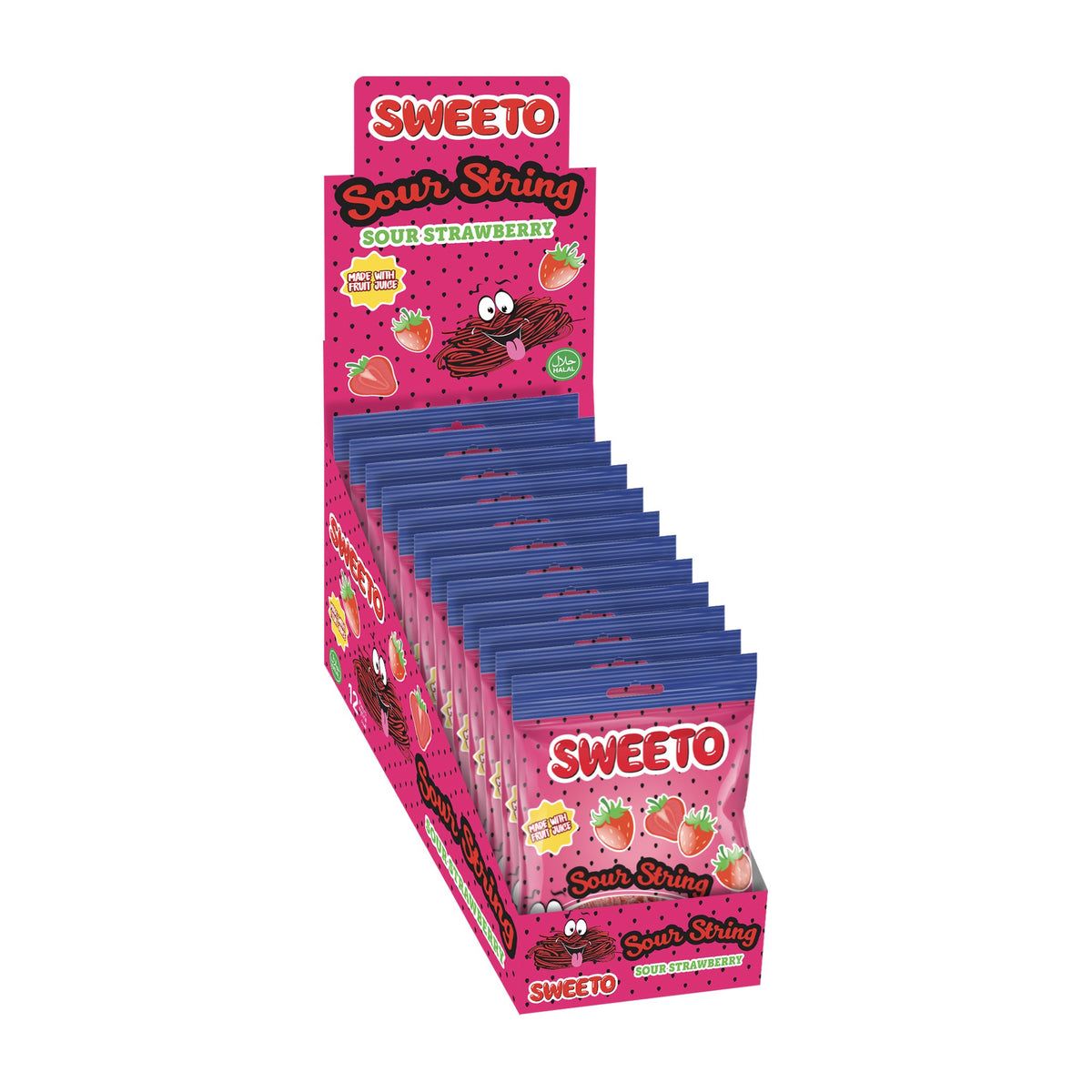 Sweeto Sour Strawberry Strings 80g, sour liquorice strings