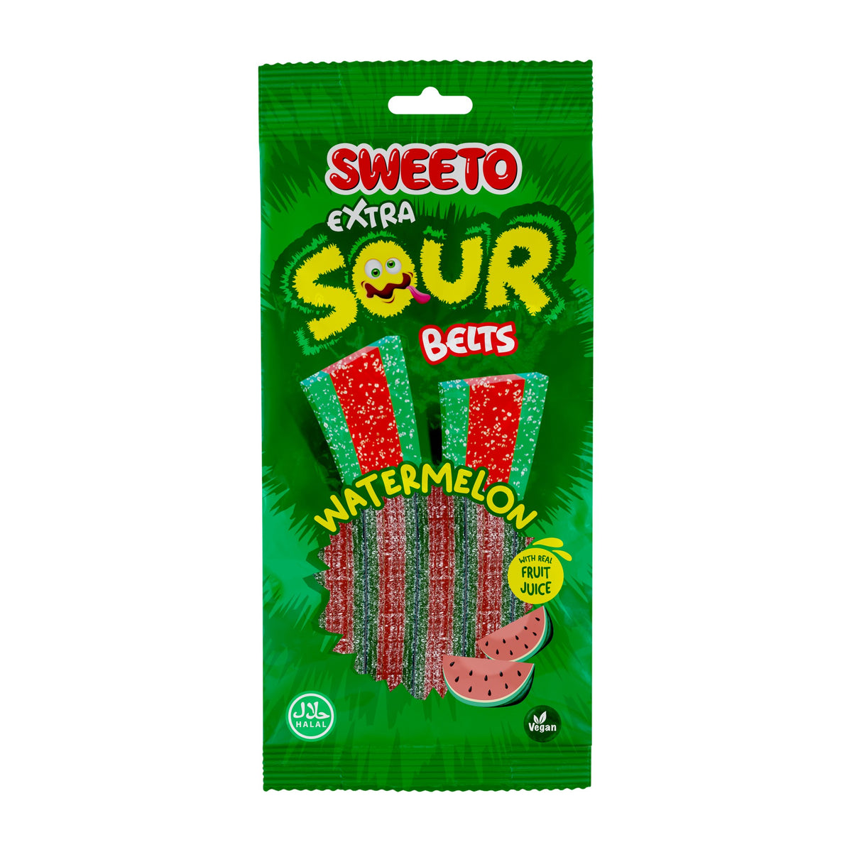 Sweeto Extra Sour Belts Watermelon, vegan sour liquorice belts